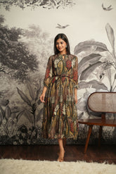 Gondola Brown Leaf Print Gown with Belt