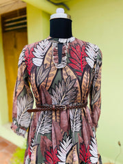 Gondola Brown Leaf Print Gown with Belt
