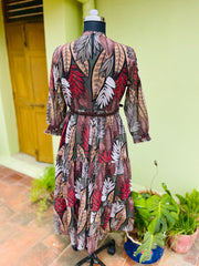 Gondola Brown Leaf Print Gown with Belt
