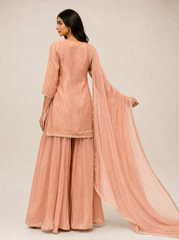 Anmol peach embroidered palazzo salwar set — back and dupatta
