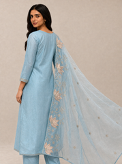 Sky blue floral embroidered kurta with dupatta — back and dupatta