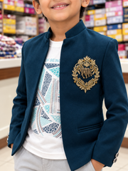 Ticklish style 2271 teal blue boys jacket, sleeveless T-shirt and pant set — detail closeup