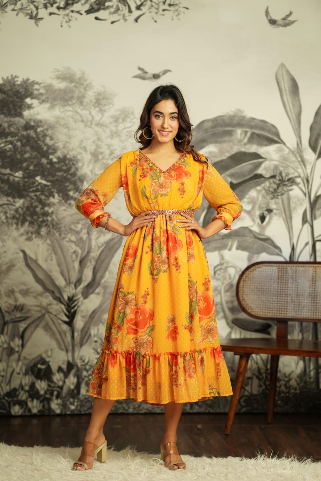 Georgette Bright Yellow Printed Gown