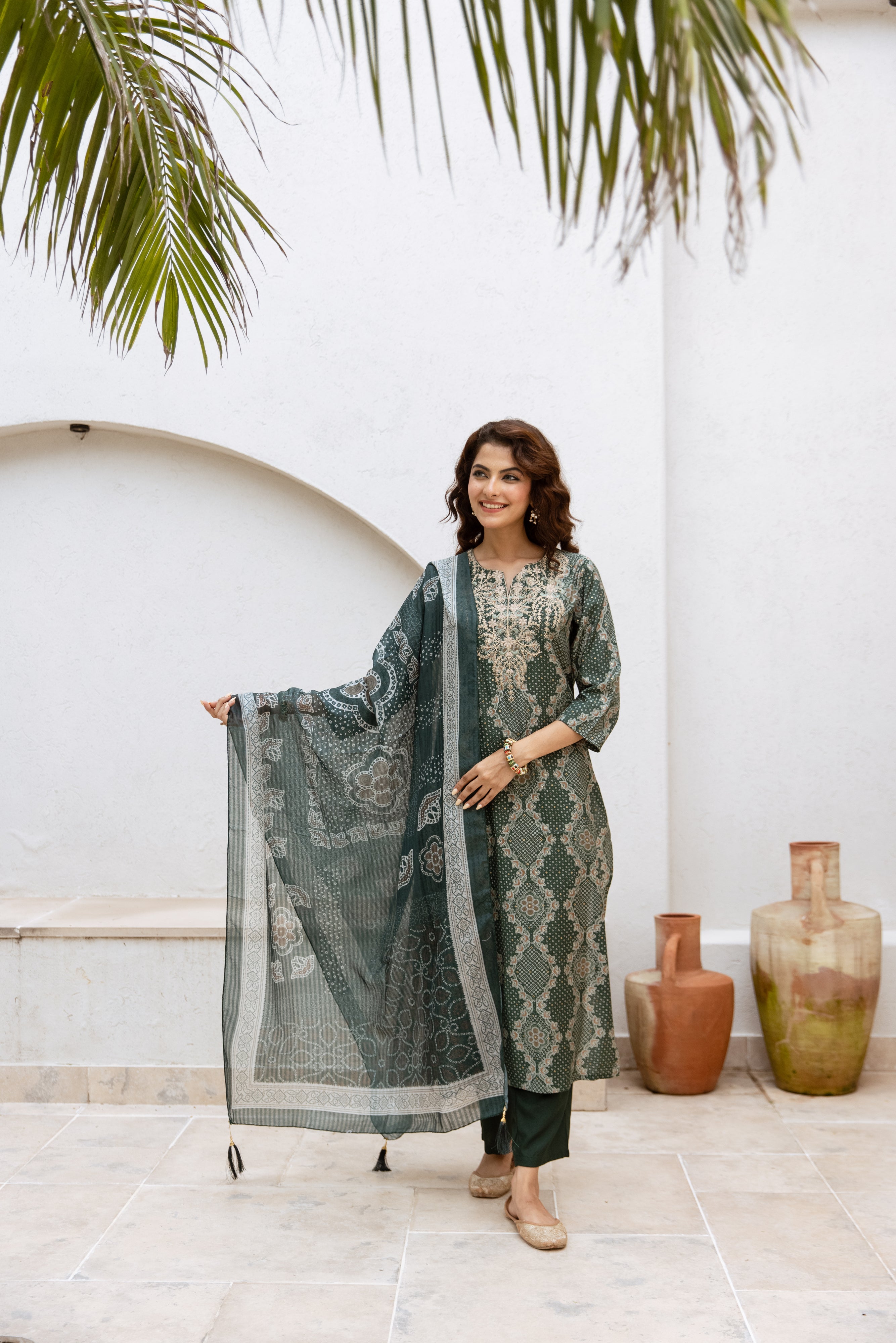 Green Printed A-Line Salwar Suits With Straight Pant