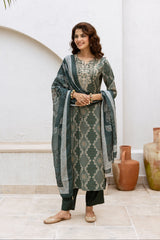 Green Printed A-Line Salwar Suits With Straight Pant