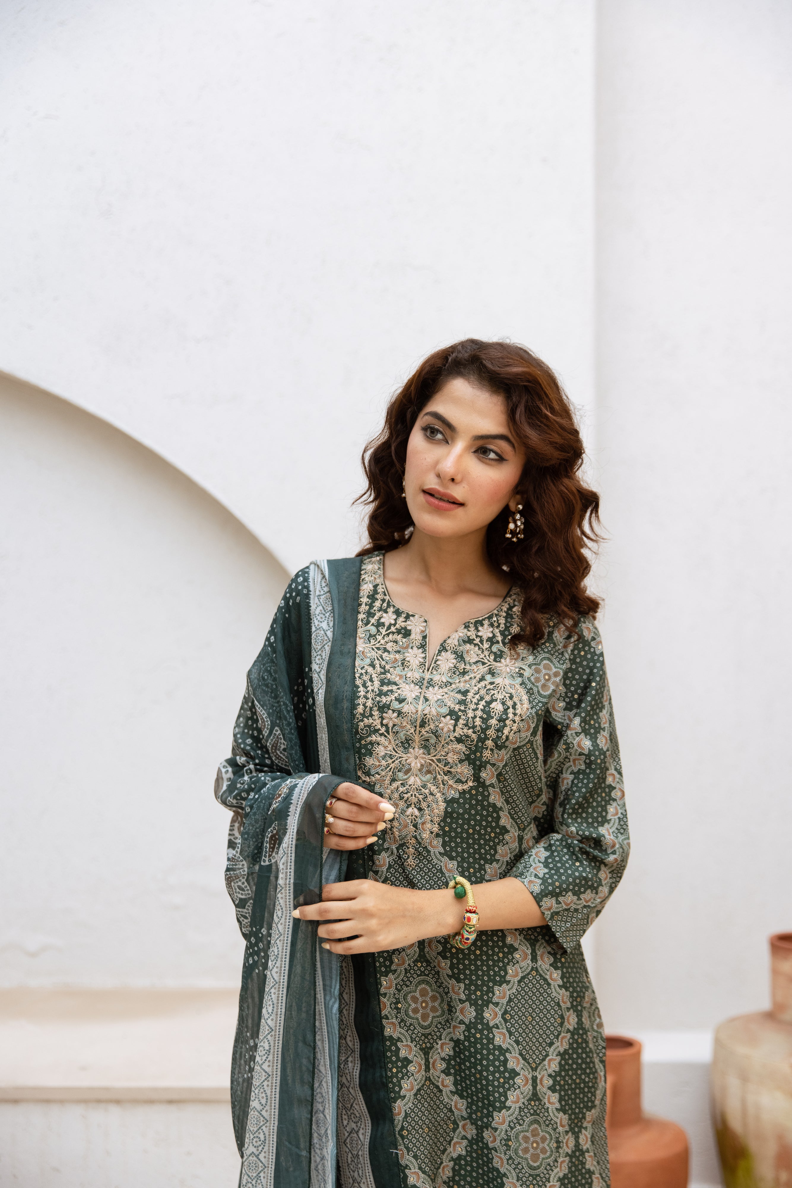 Green Printed A-Line Salwar Suits With Straight Pant