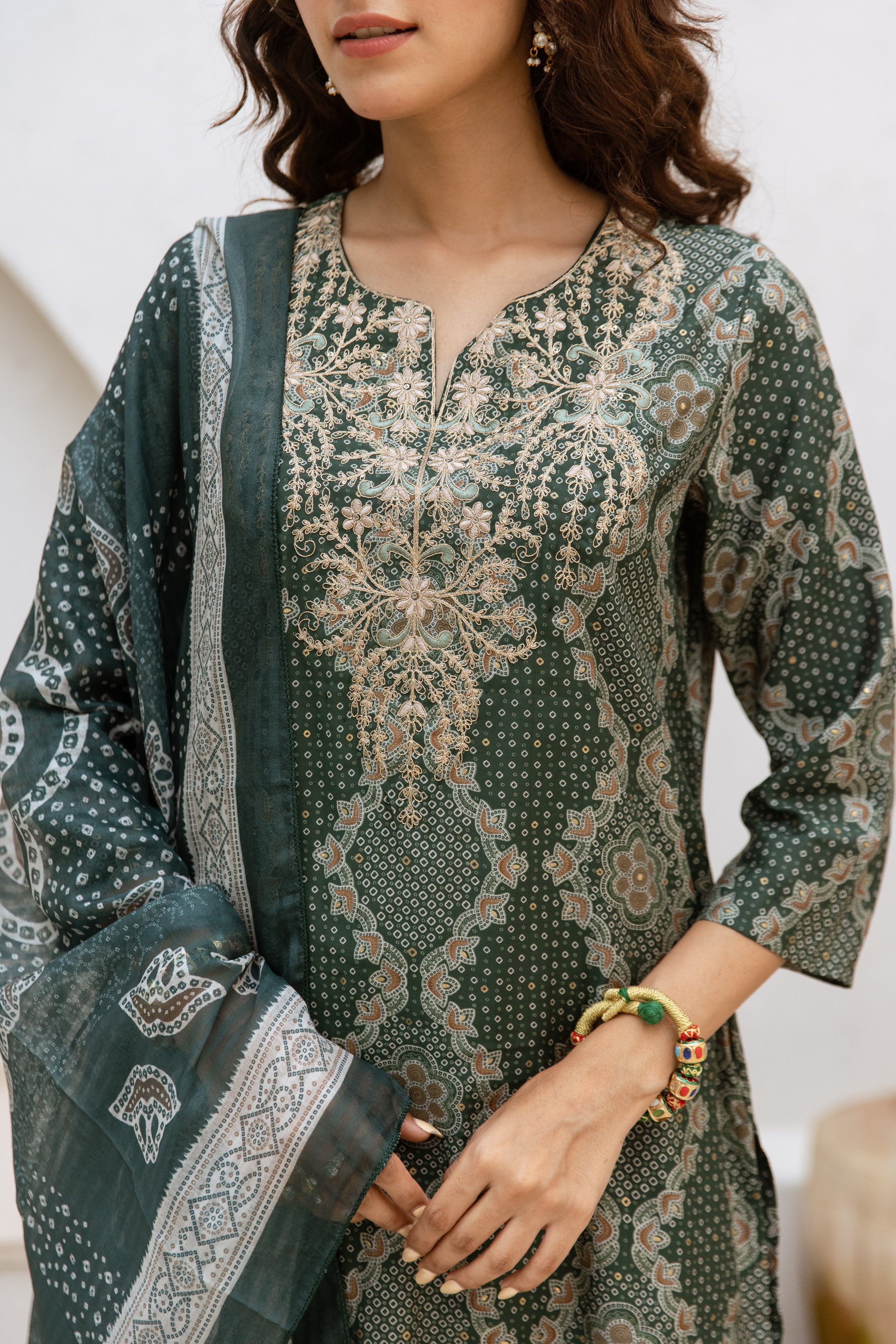 Green Printed A-Line Salwar Suits With Straight Pant