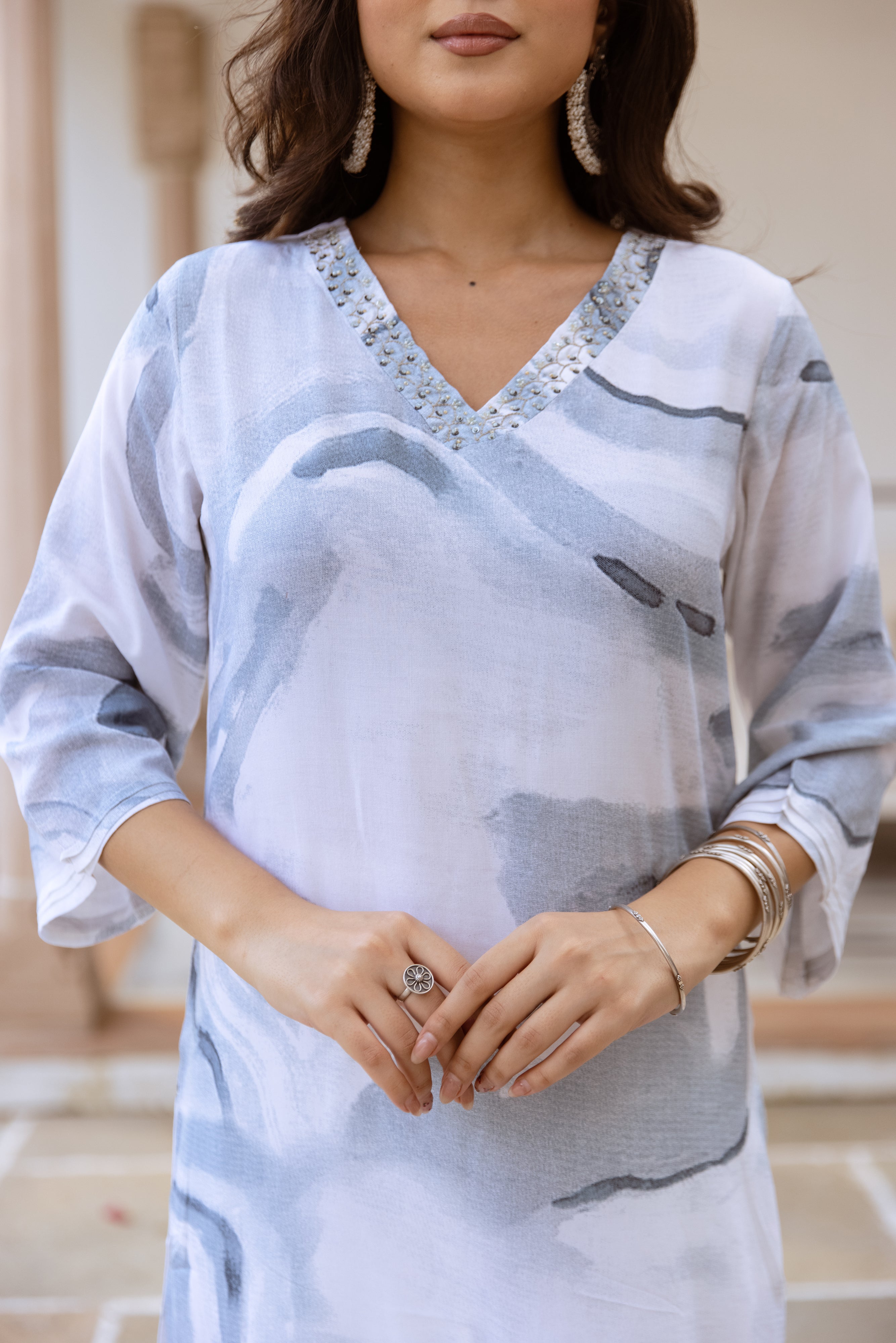 White Printed Kurta Palazzo Set