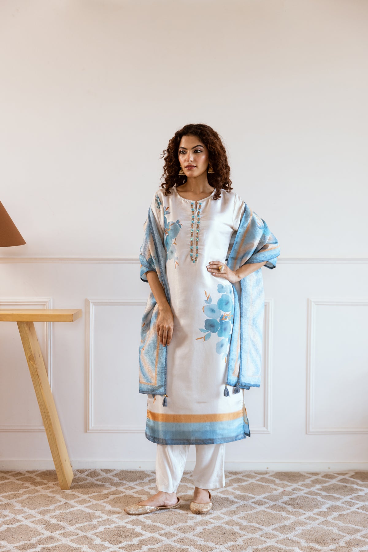 White Printed Salwar Suits With Palazzo