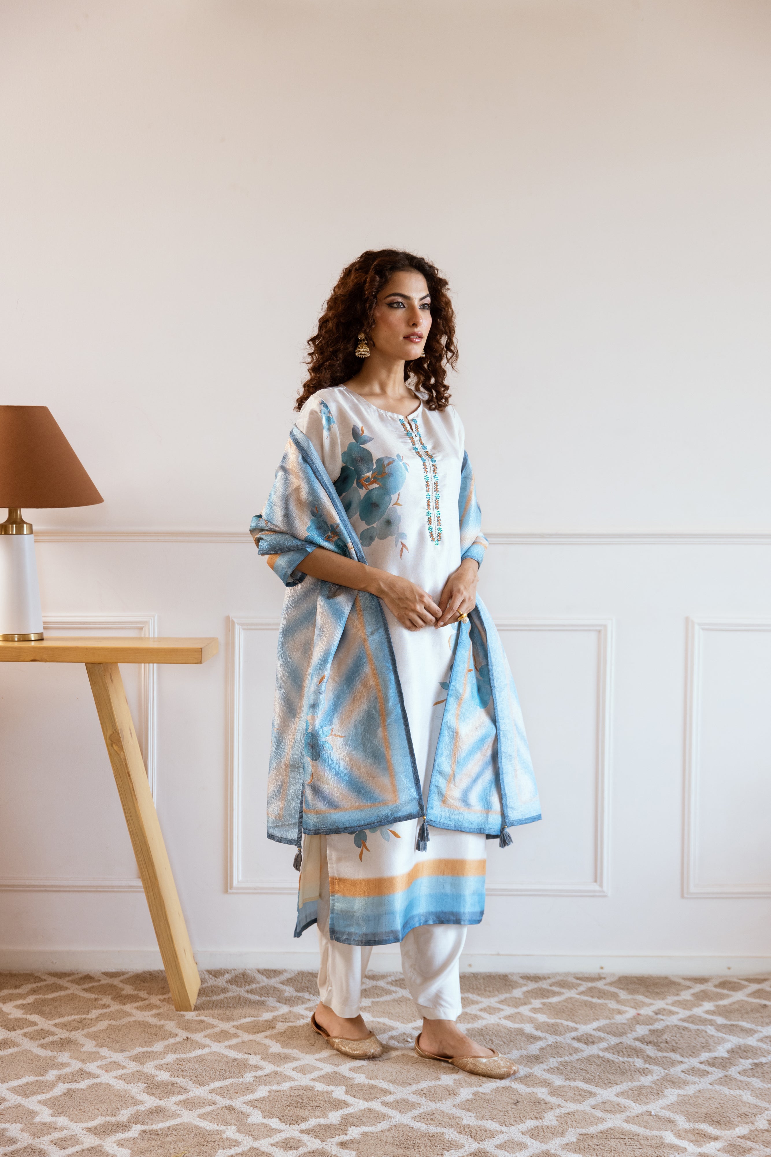 White Printed Salwar Suits With Palazzo