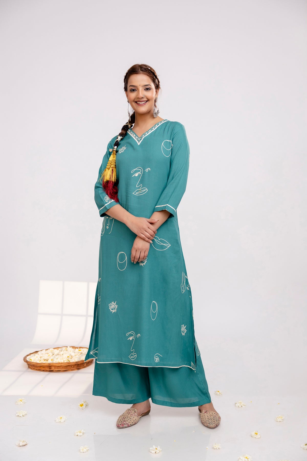 Green Printed Kurta Palazzo Set