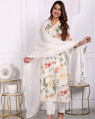 Cream Floral Print Salwar Suit with Dupatta