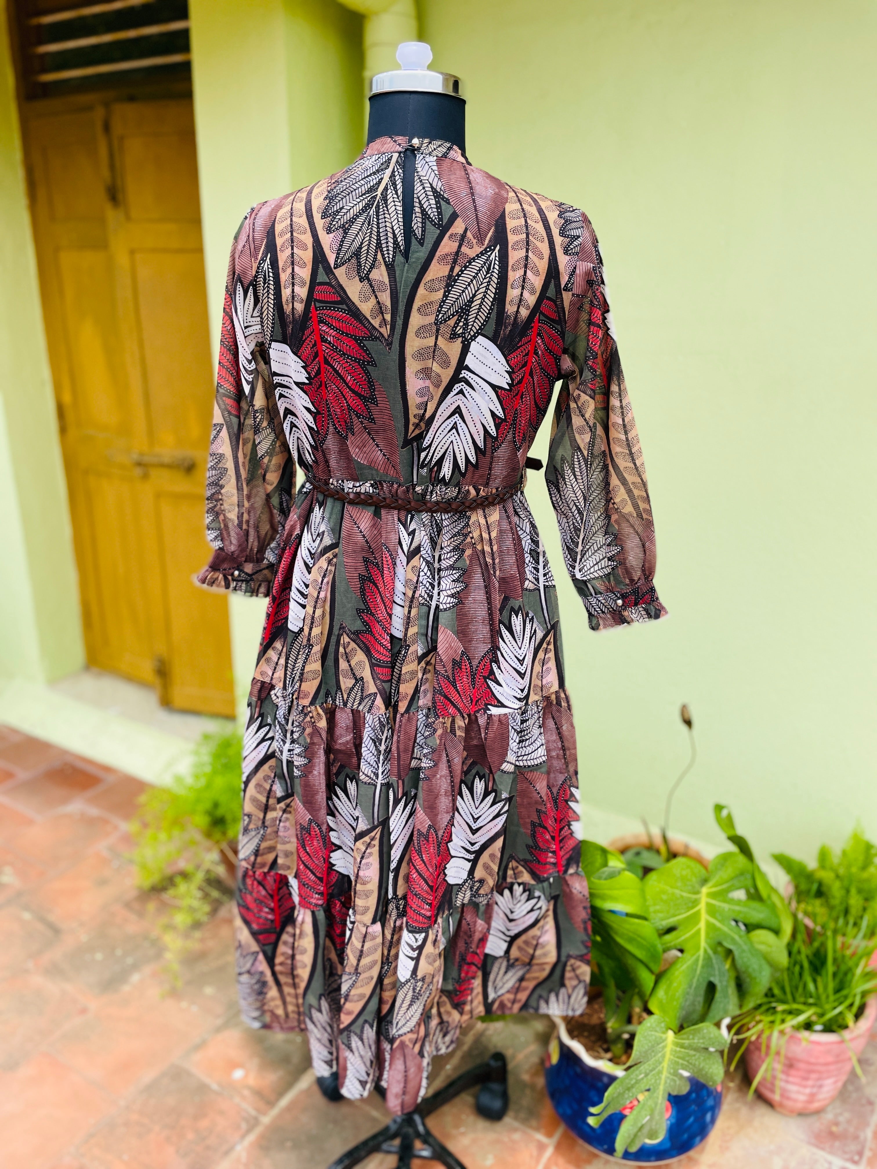 Gondola Brown Leaf Print Gown with Belt Shopiyo Online Gondola Brown Leaf Print Gown with Belt Shopiyo Online