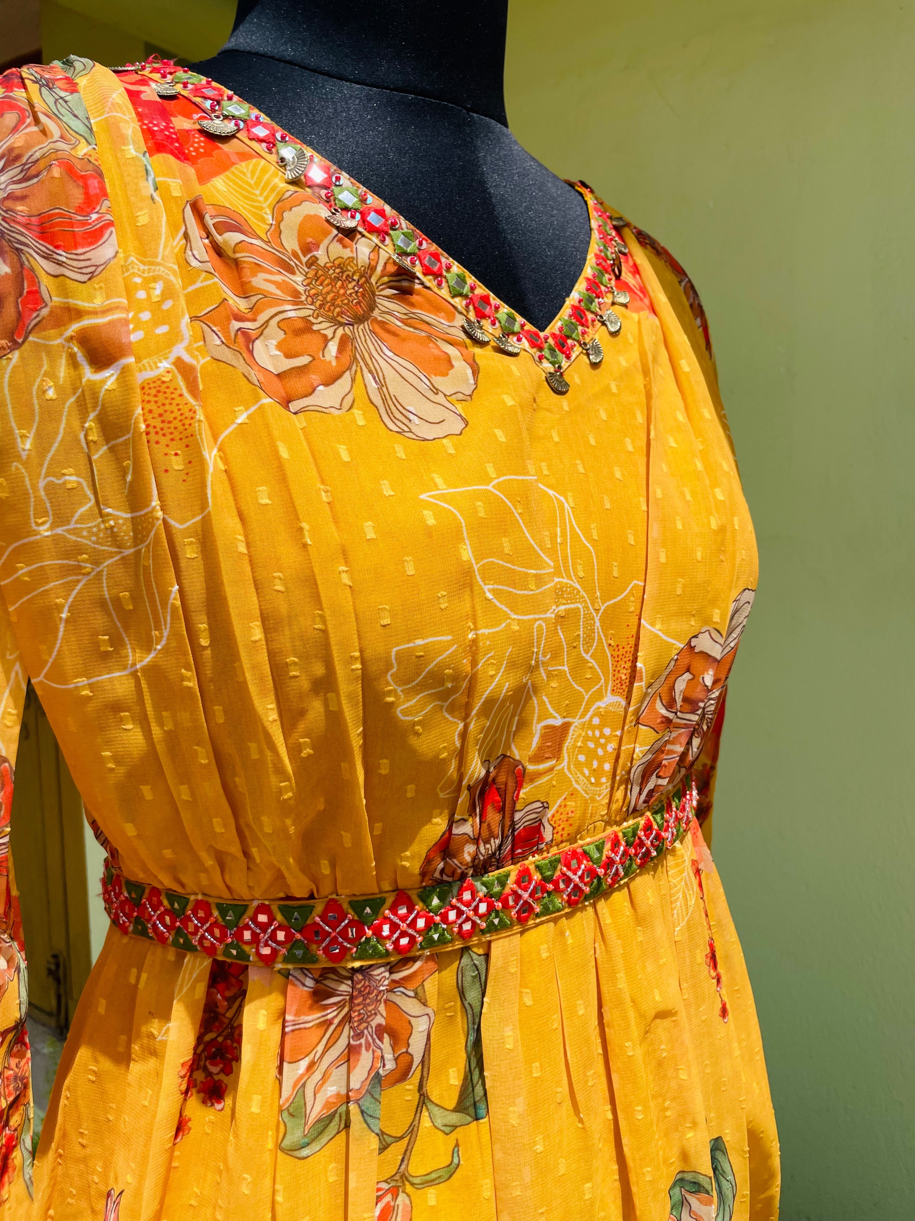 Georgette Bright Yellow Printed Gown