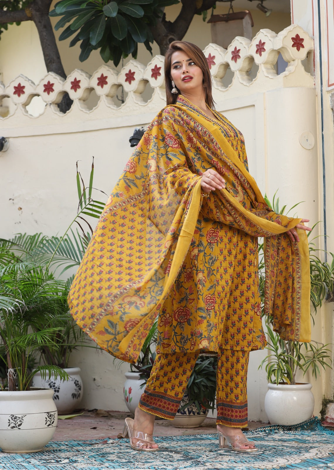 Yellow Jaipuri Printed Anarkali Salwar Suit