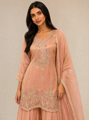 Anmol peach embroidered palazzo salwar set — close up