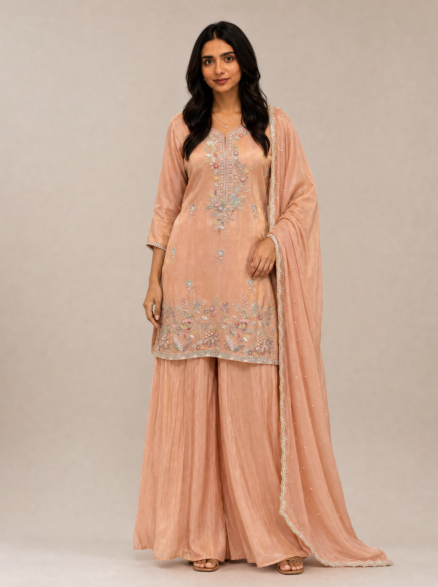 Anmol peach embroidered palazzo salwar set — front view