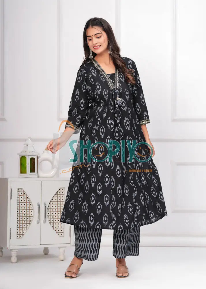 Black Printed Cotton Kurta Palazzo Dupatta 3Pc Suit Salwar Suits