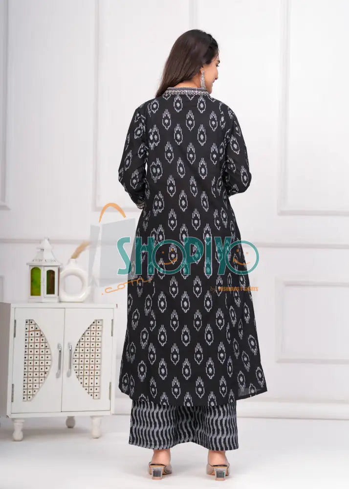 Black Printed Cotton Kurta Palazzo Dupatta 3Pc Suit Salwar Suits