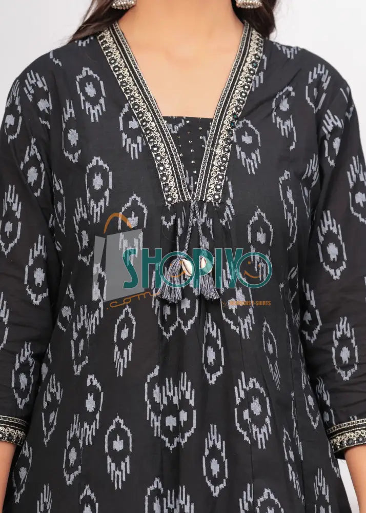 Black Printed Cotton Kurta Palazzo Dupatta 3Pc Suit Salwar Suits