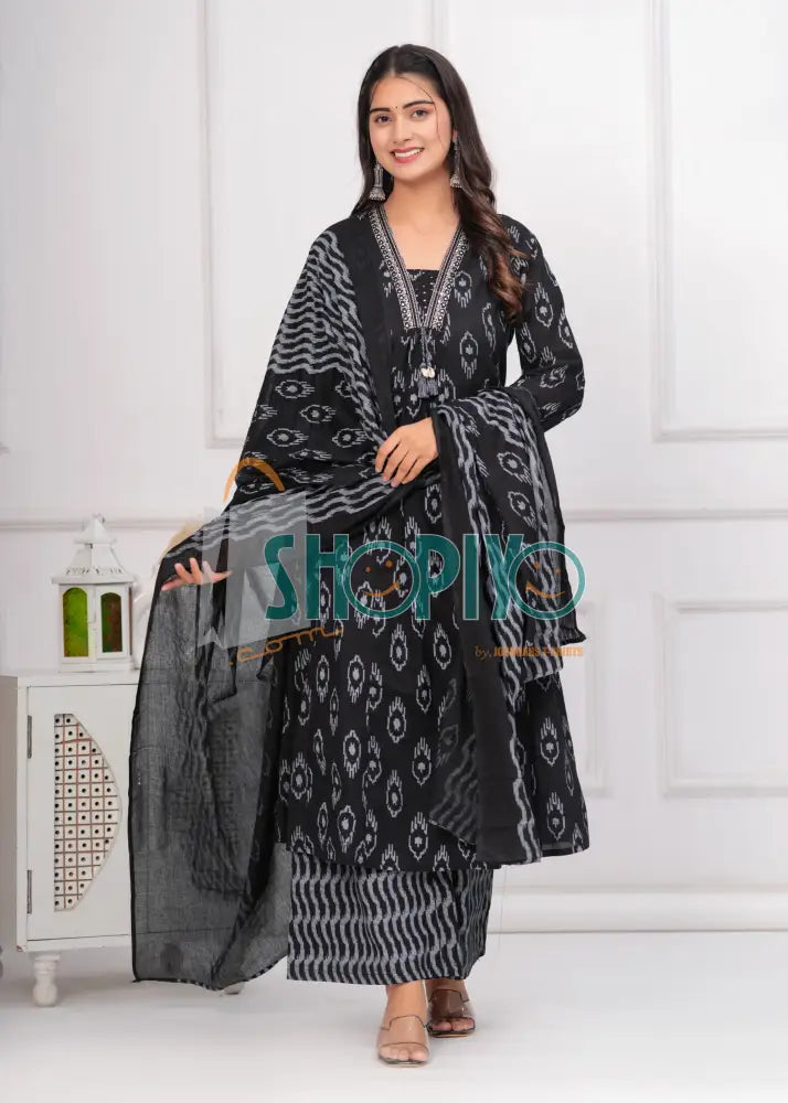 Black Printed Cotton Kurta Palazzo Dupatta 3Pc Suit Salwar Suits