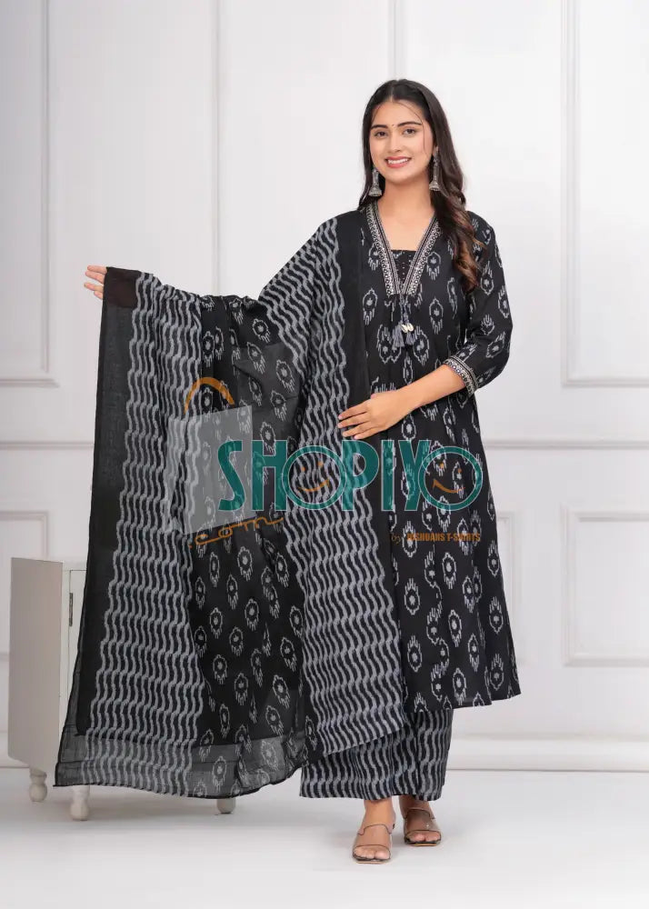 Black Printed Cotton Kurta Palazzo Dupatta 3Pc Suit Salwar Suits