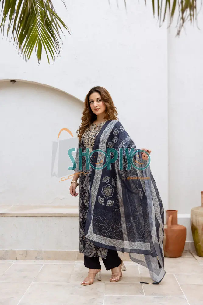 Blue Printed A-Line Salwar Suits With Straight Pant