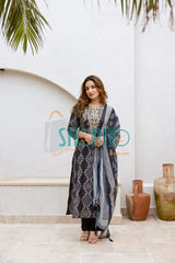 Blue Printed A-Line Salwar Suits With Straight Pant