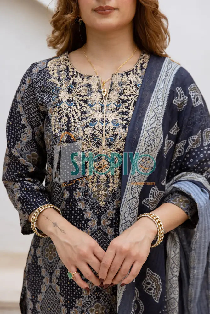 Blue Printed A-Line Salwar Suits With Straight Pant