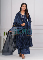 Blue Printed Kurta Palazzo Dupatta Cotton 3Pc Suit Salwar Suits