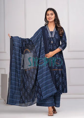 Blue Printed Kurta Palazzo Dupatta Cotton 3Pc Suit Salwar Suits