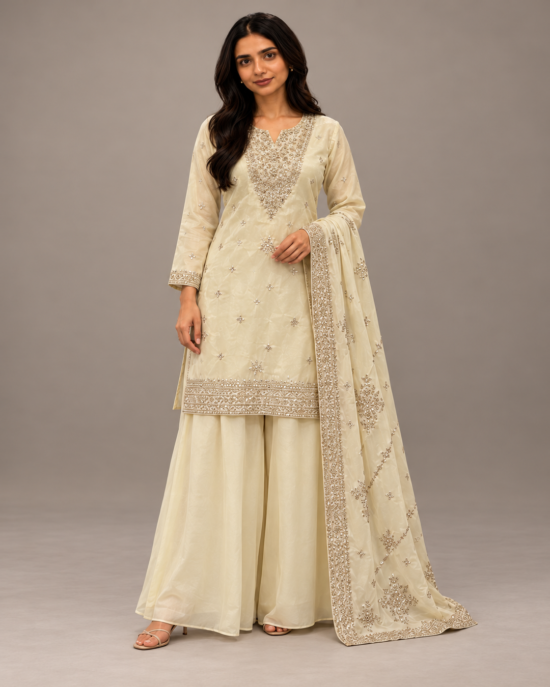 Cream embroidered kurta palazzo set with dupatta, full view