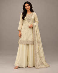 Cream embroidered kurta palazzo set with dupatta, full view