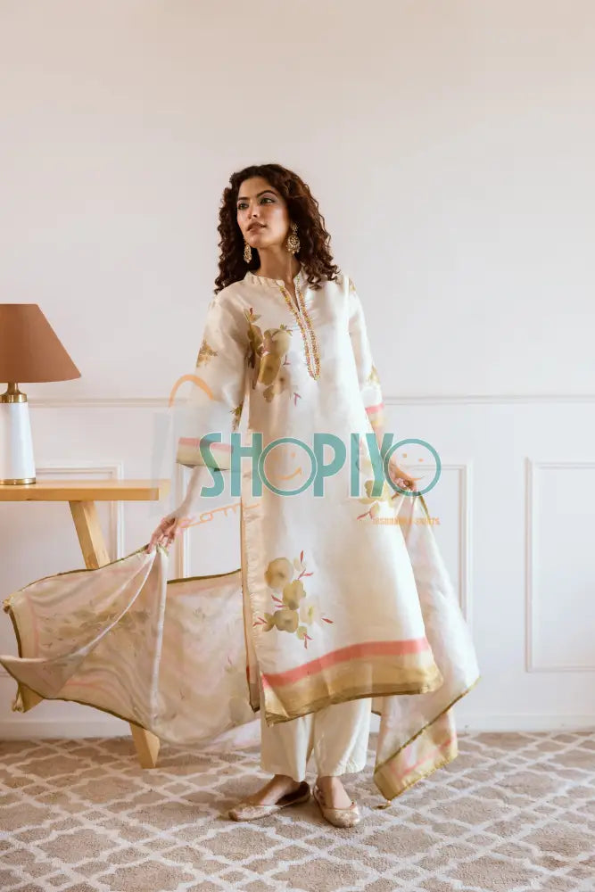 Cream Salwar Suits With Palazzo