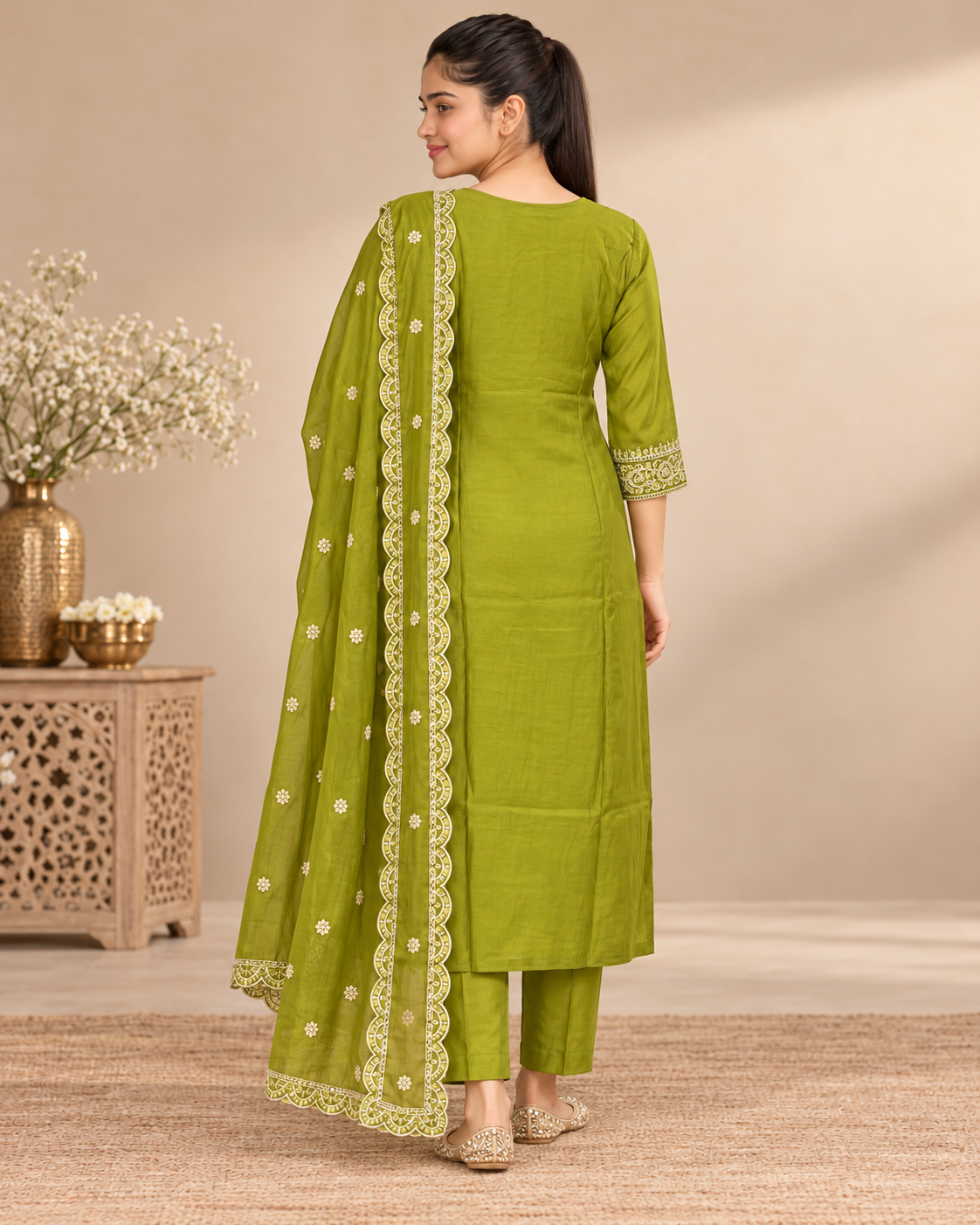 Olive green salwar suit - angled front view with dupatta