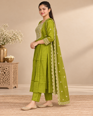Olive green salwar suit on model - back view