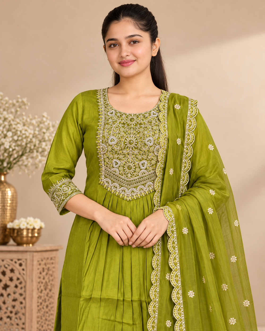 Olive green salwar suit - close-up of neckline and dupatta embroidery