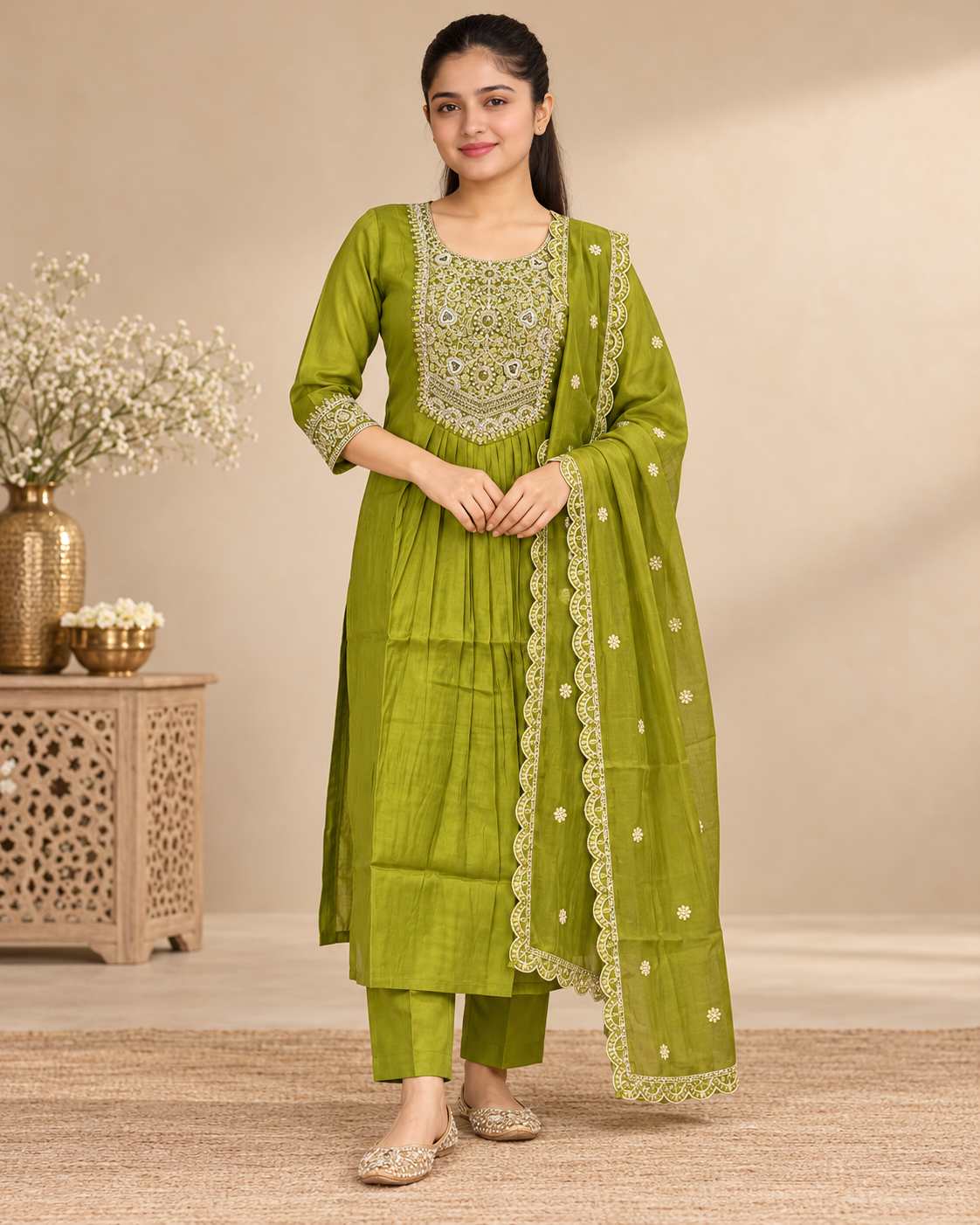 Model wearing olive green embroidered salwar suit - full front view