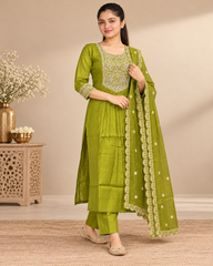 Olive green salwar suit - side view with embroidered cuff