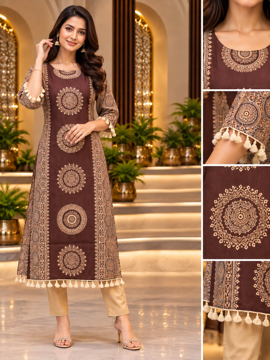 Brown printed kurti with tassel details and beige trousers