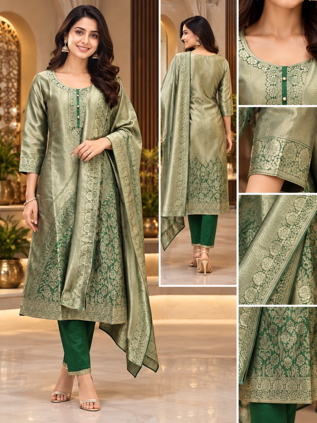 Green patterned salwar suit with coordinating dupatta and detail views