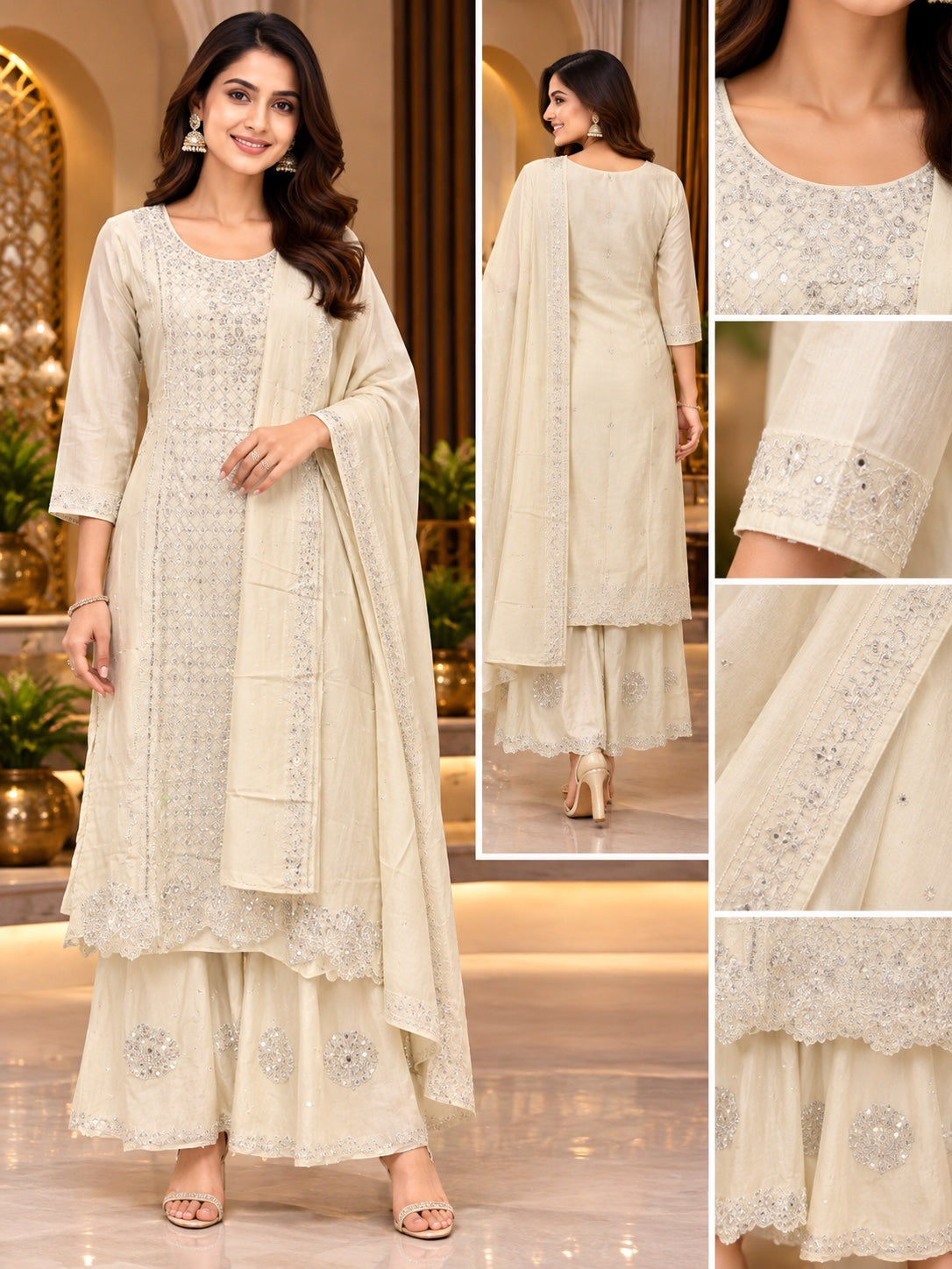 Ivory embroidered salwar suit with dupatta and detail views