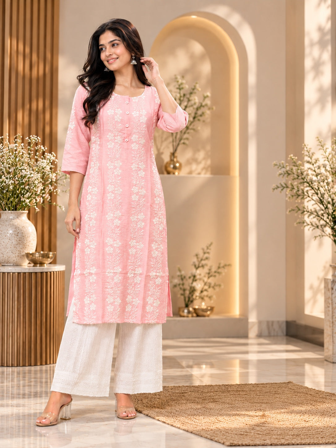 Pink embroidered kurti styled with white wide-leg trousers