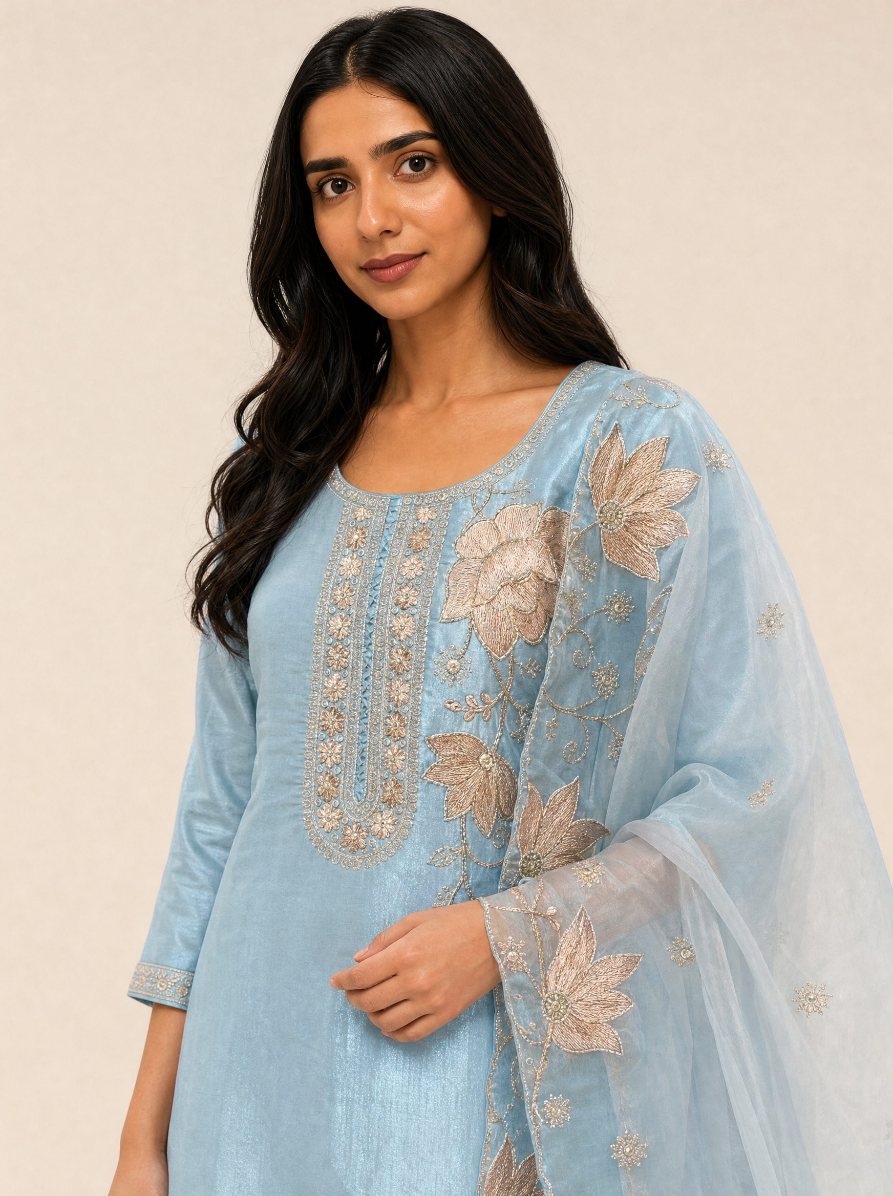 Sky blue floral embroidered kurta with dupatta — close up