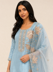 Sky blue floral embroidered kurta with dupatta — close up