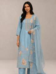 Sky blue floral embroidered kurta with dupatta — corrected front view