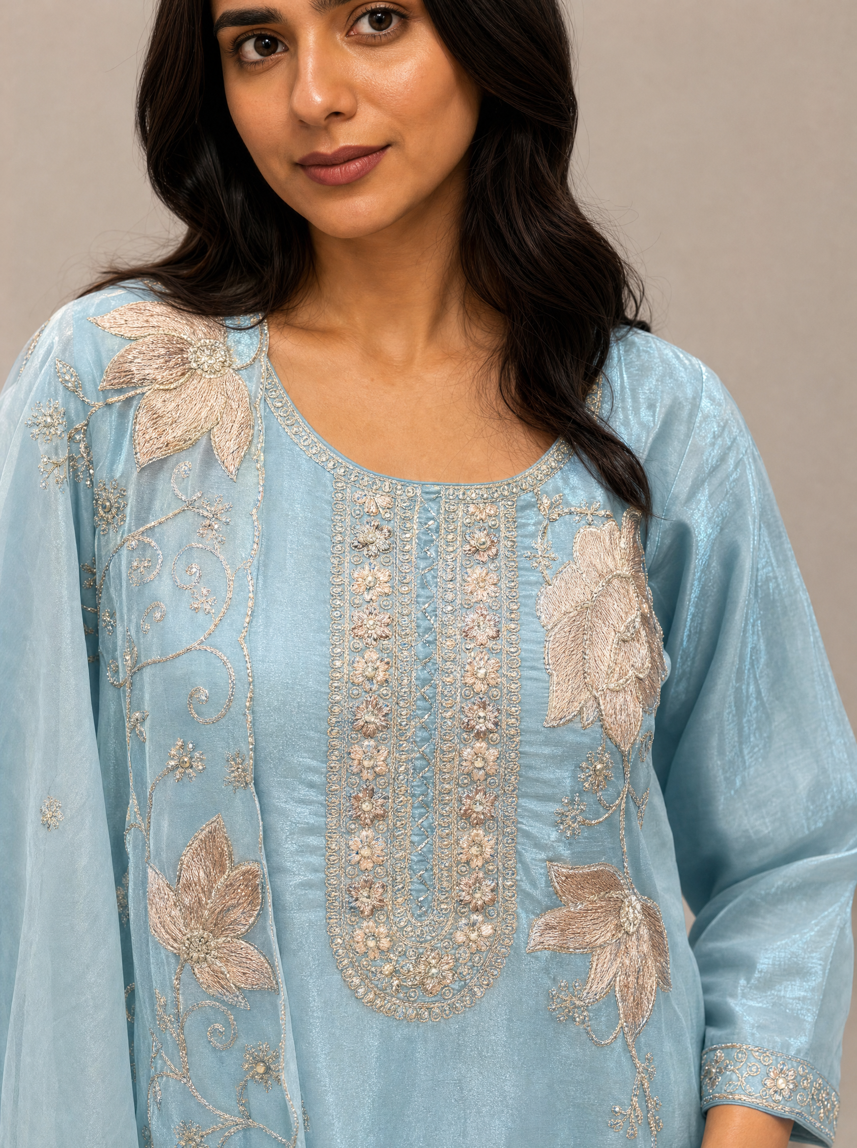 Sky blue floral embroidered kurta with dupatta — neck work detail