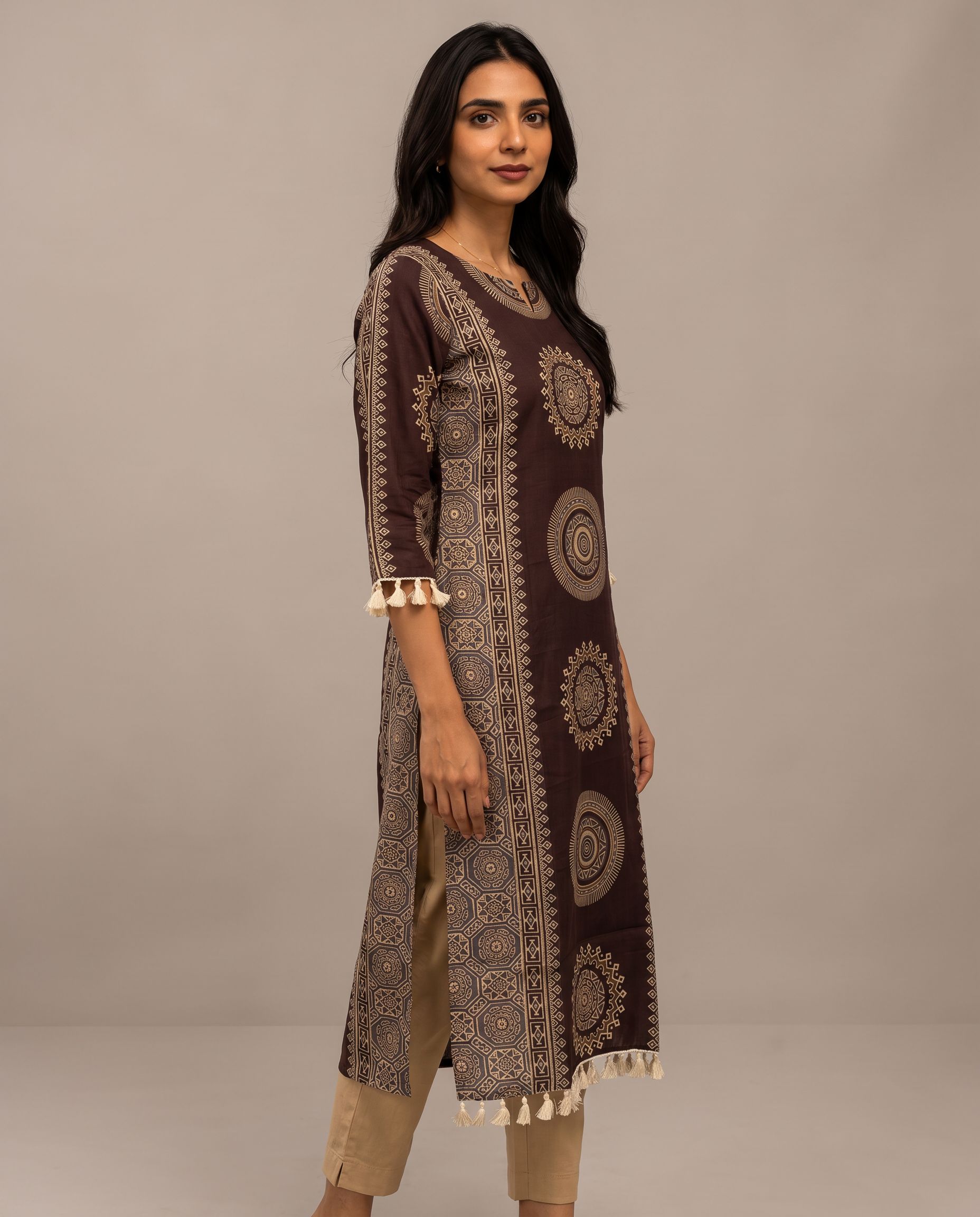 Style 6253 Brown Long Kurti - Right Sleeve