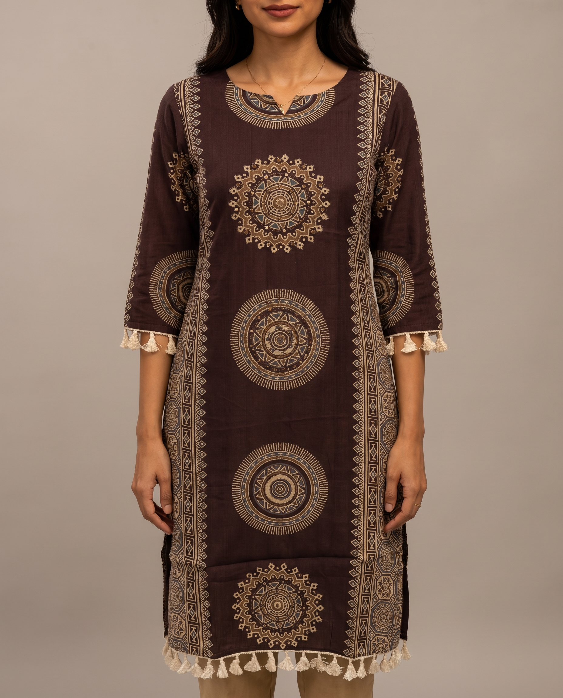 Style 6253 Brown Long Kurti - Neckline Detail