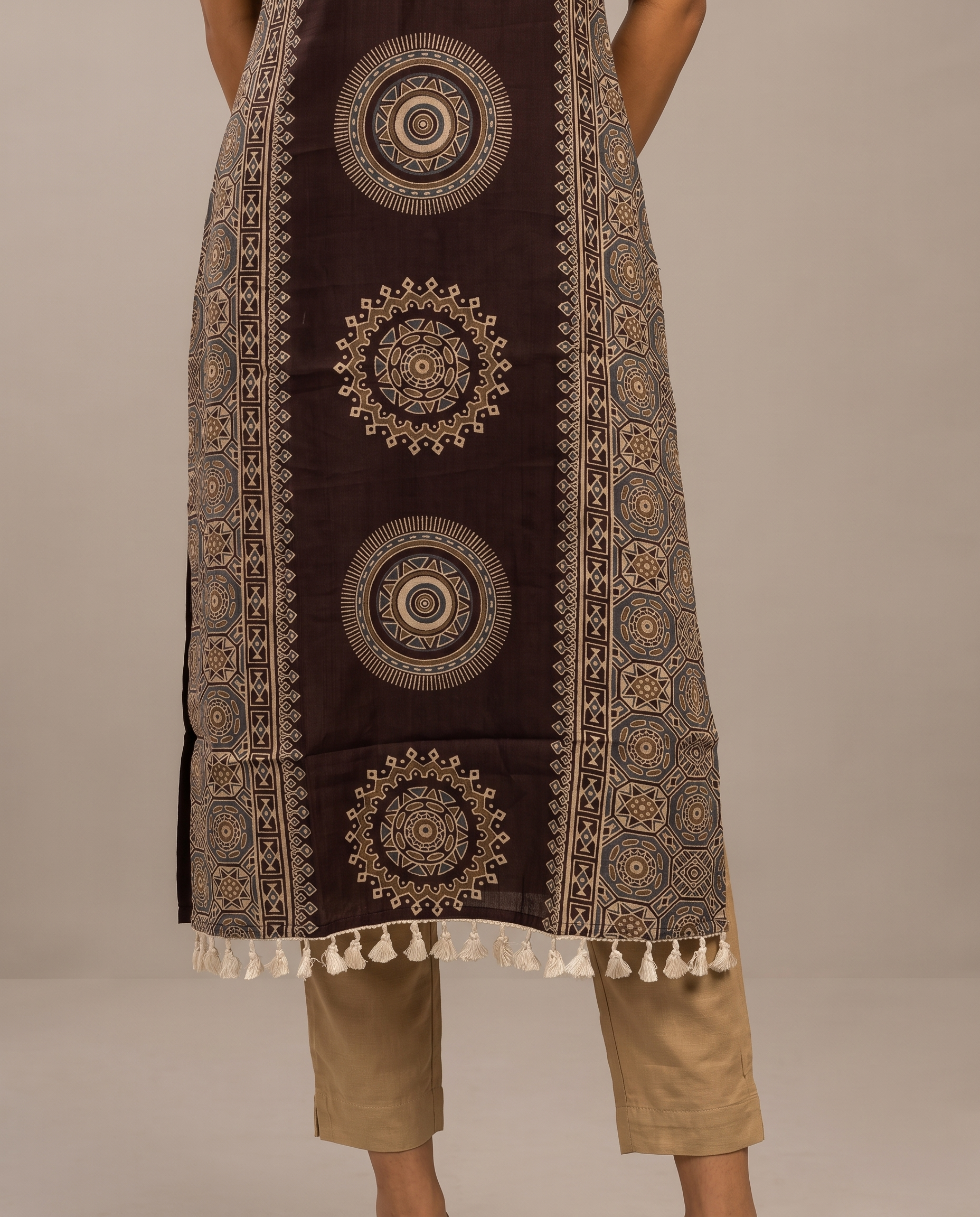 Style 6253 Brown Long Kurti - Front Hem Tassels